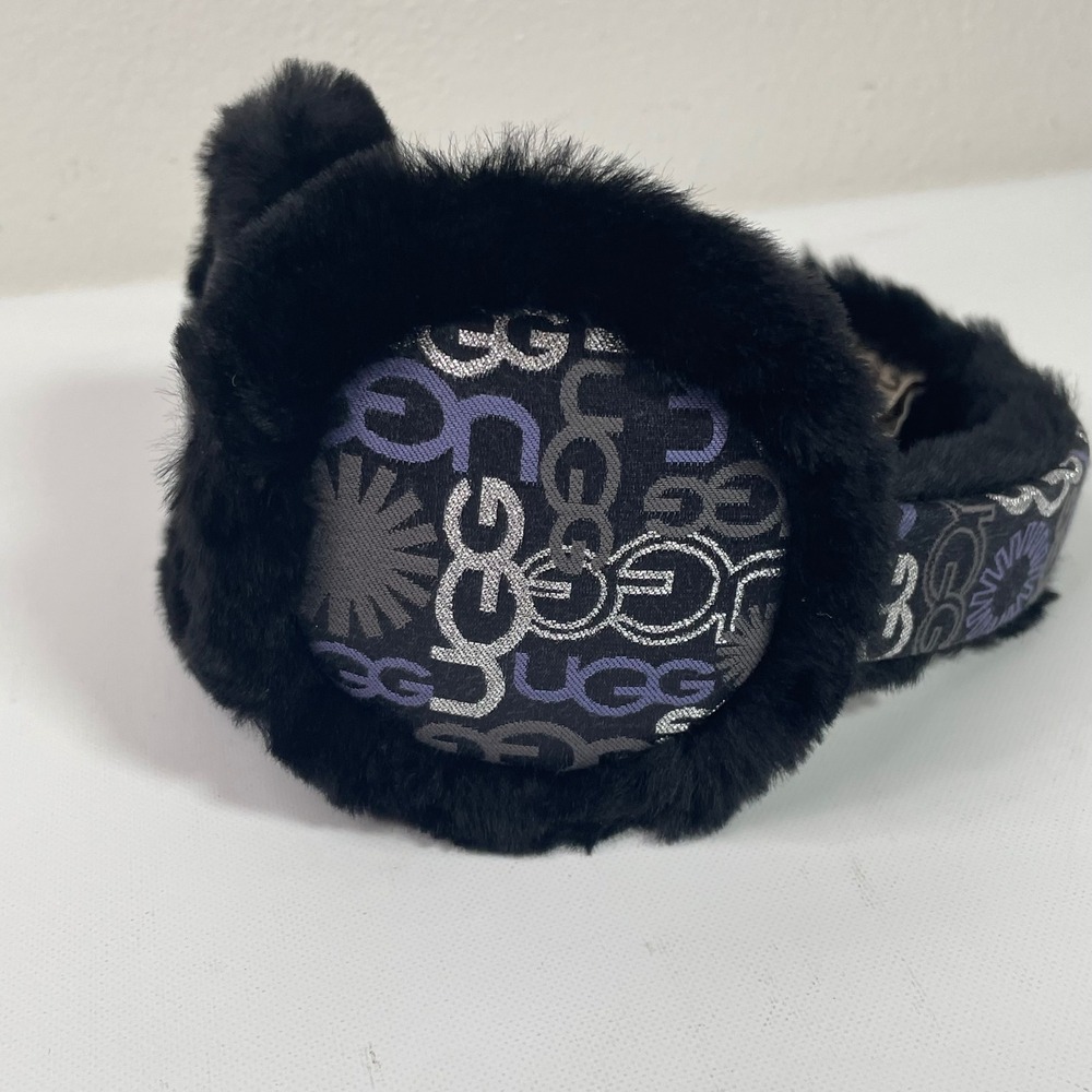 UGG Australia Black Shearling Earmuffs Y2K Glitter Silk Blend One Size Foldin